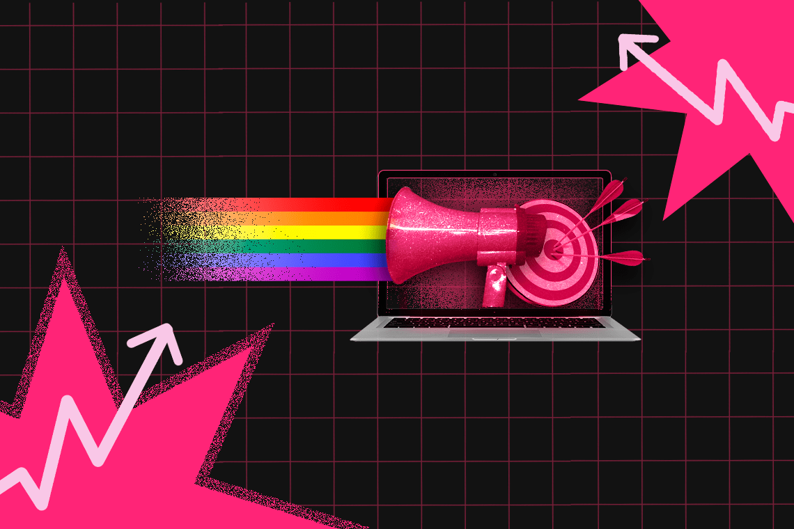 Montagem de notebook com um megafone arco-íris e um alvo